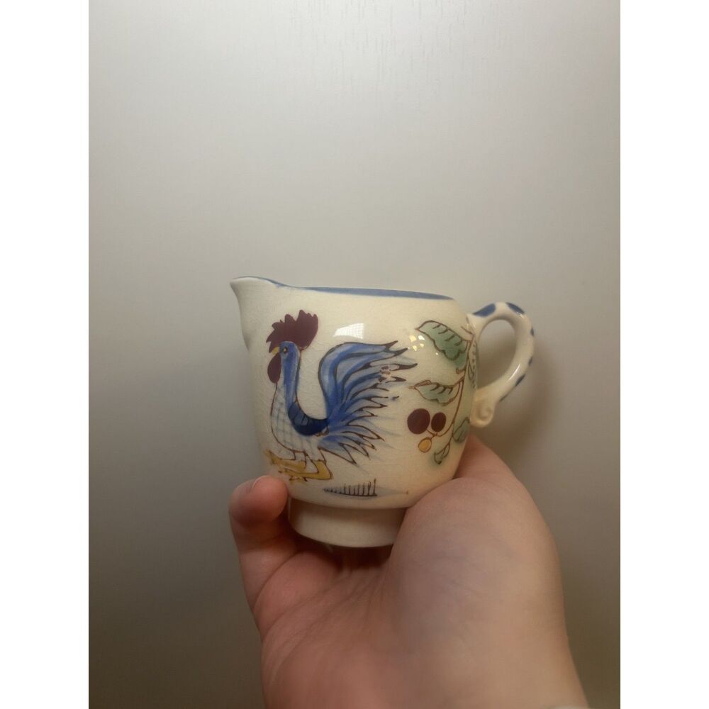 Vintage NASCO Hand Painted Rooster Creamer Blue Floral Pitcher Mid Century Japan